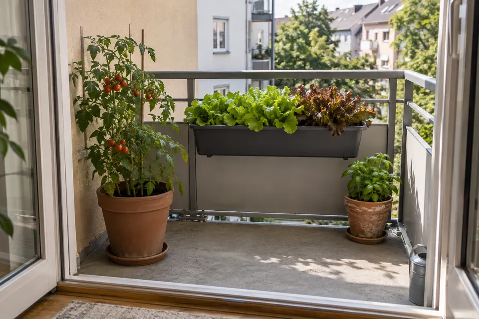 Drei Pflanzgefäße auf einem kleinen Anfängerbalkon.
