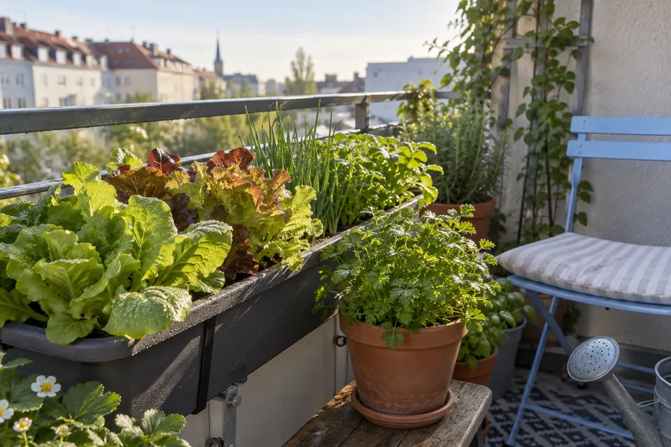 Salat und Petersilie im sanften Morgenlicht.