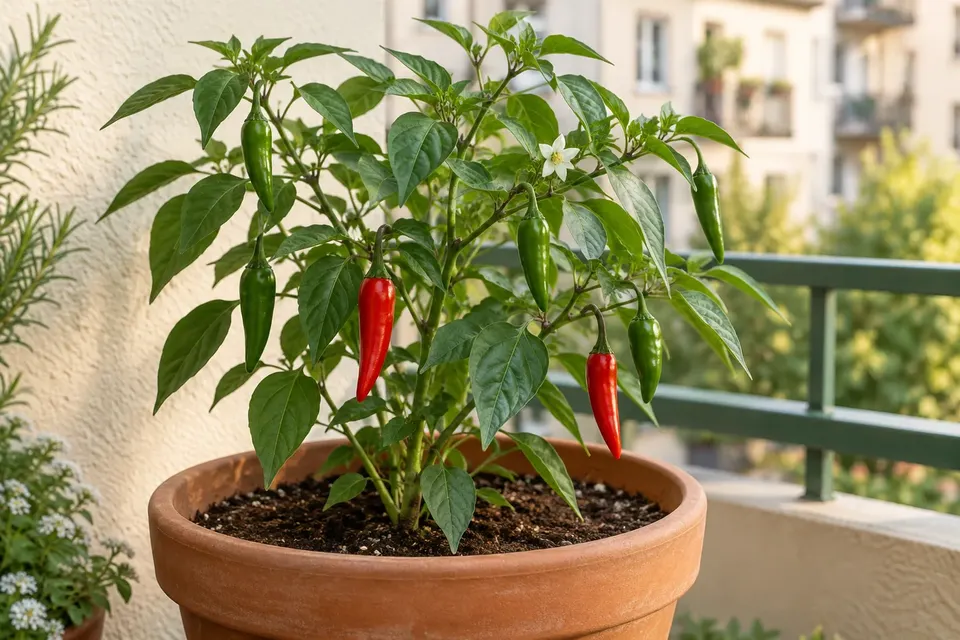Chilipflanze mit grünen und roten Früchten im Terrakottatopf.