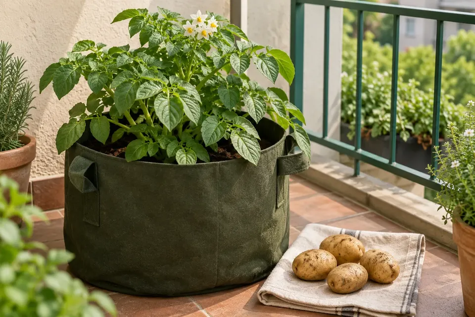 Kartoffelpflanze im Pflanzsack und einige geerntete Kartoffeln daneben.