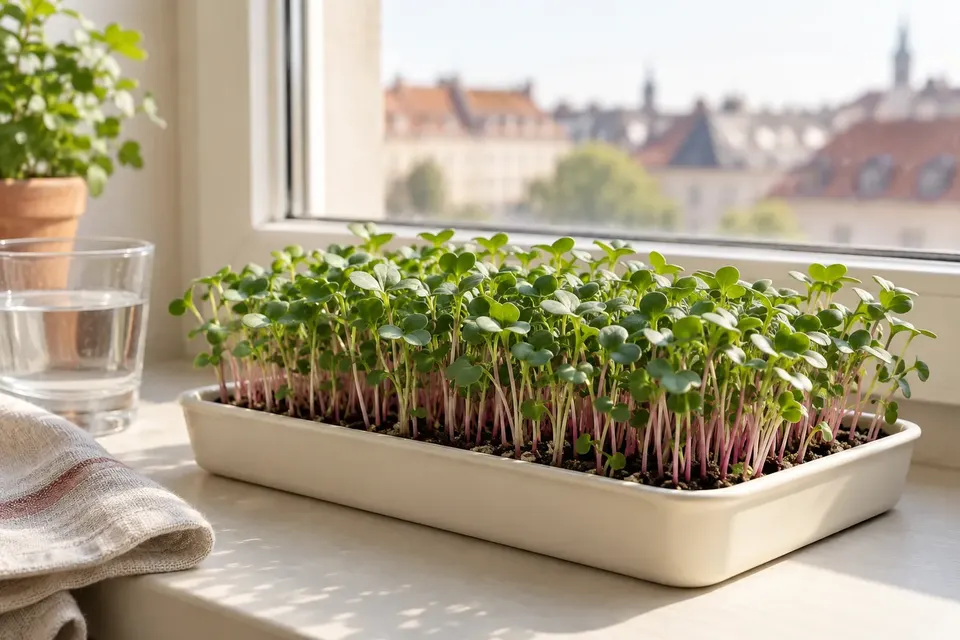 Junge Radieschen-Microgreens in einer flachen Schale auf der Fensterbank.