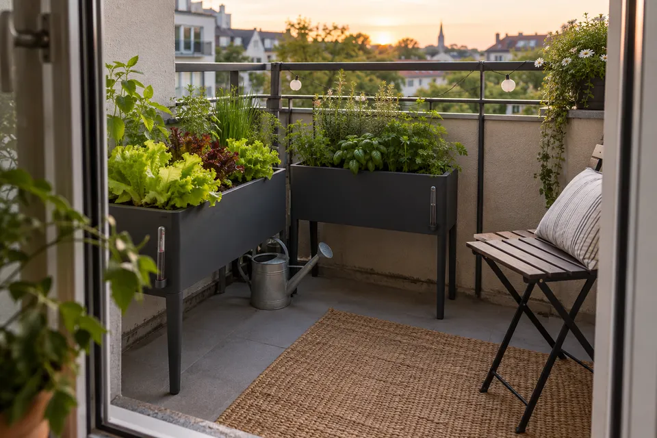 Wenige pflegeleichte Pflanzgefäße auf einem ruhigen Balkon.