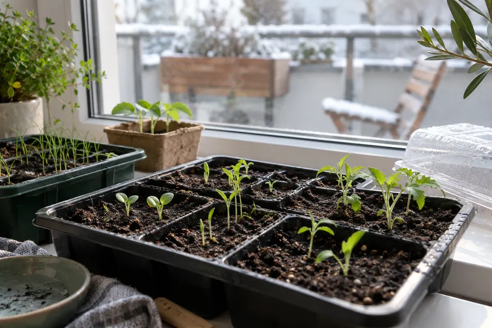 Kleine Anzuchtschalen auf einer hellen Fensterbank im Februar.