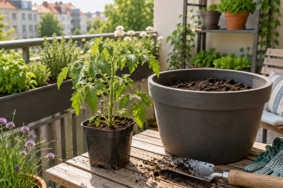 Tomatenjungpflanze und vorbereiteter Kübel zur Pflanzzeit.