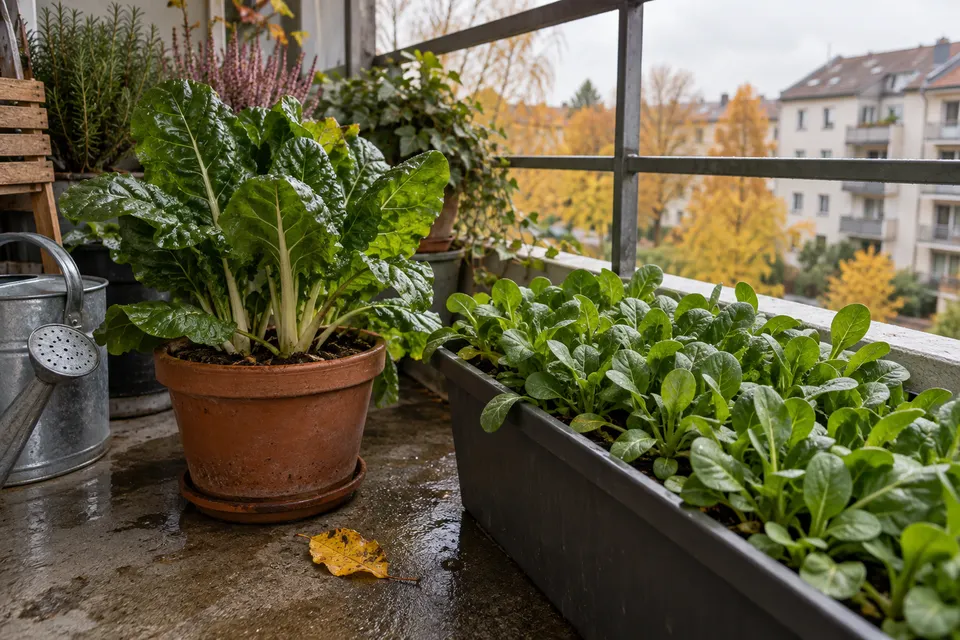 Mangold und Feldsalat auf einem herbstlichen Balkon.