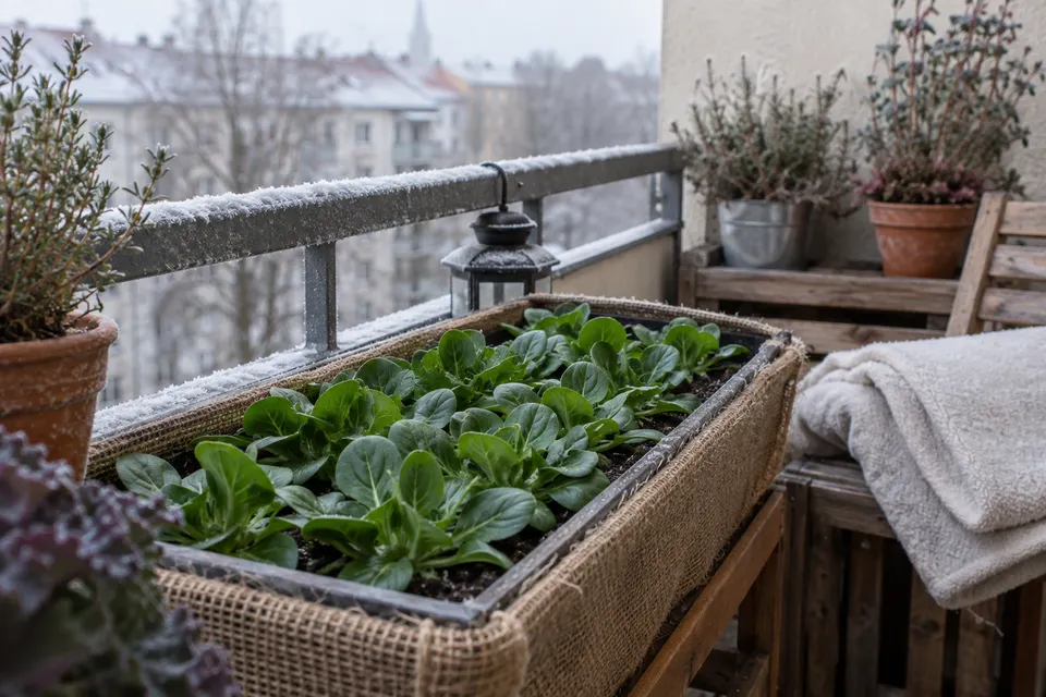Feldsalat im geschützten Balkonkasten bei winterlichem Licht.